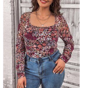 Floral Print Square Neck Mesh Bodysuit